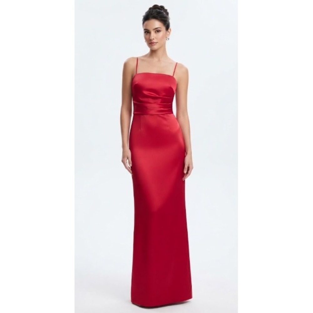 Donna Morgan Red Satin Column Maxi Dress  Size 8 Spaghetti Strap Lime Lining